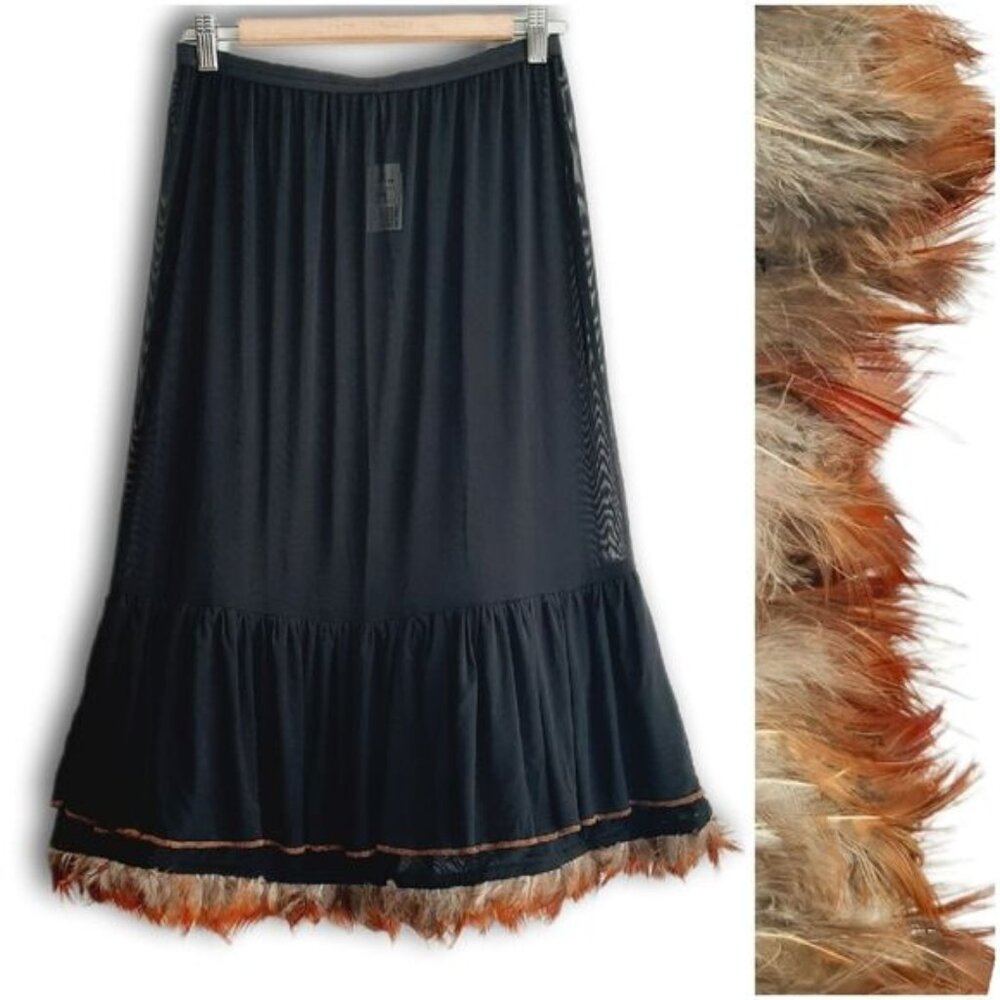 TRISTAN & ISEUT Feather Trim Skirt Slip Black Mesh Midi Underskirt Sz S